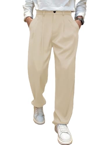 Image of Men's Relaxed Straight Leg Loose Fit Pleated Trousers | Mid-Rise Formal Pants with Zip Fly & Button Closure | Solid Regular Length Office Wear Trousers