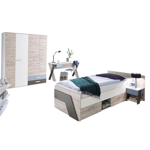 Lomadox Jugendzimmer Kinderzimmer Komplett Set, Sandeiche mit weiß, Lava blau, 90x200 cm Kojenbett, Kleiderschrank, Schreibtisch, Nachttisch