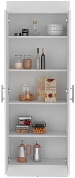 Pemberly Row Contemporary Pantry Cabinet, 66.8 in H x 23.6 in W x 11.9 in D, Engineered Wood, White Finish, Two-Door Storage with Shelves, Compact Design Kitchen Organizer for Small Spaces