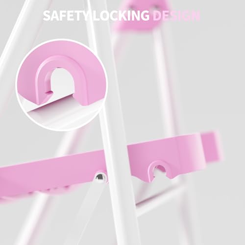 KINGRACK 4 Step Ladder, 900lbs Sturdy Step Stool with Handrail, Anti-Slip Wide Pedals, Foldable Stepladder for Home, Garage, Garden, Household, Pink, Pass 900LBS Testing by KINGRACK - Image 4