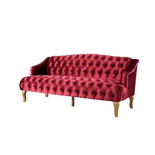 Image of Merax 3 Seater Velvet Couch Sofa with Hi-Back & Solid Wood Birch Legs, Mid-Century Modern Style Deep Seat Upholstered Couches for Living Room, Bedroom, Apartment Furniture, Wine Red