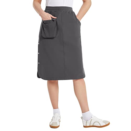 Baleaf Women's Long Casual Skirt Pocket With Slit 26.5" Midi Calf Length Elastic Waist Stretch For Travel Grey Size M #TOP13