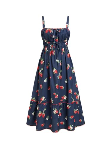Image of CIDER Maxi Dresses for Women Floral Spaghetti Straps Square Neck Tie Front Sundress Summer Beach Casual Outfits Dark Navy