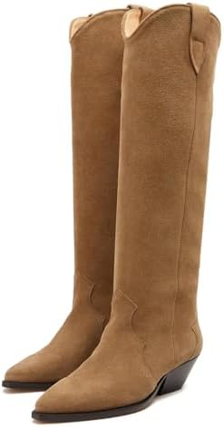 Yishaweiqi Camel Suede Knee High Boots for Women Snip Toe Chunky ...