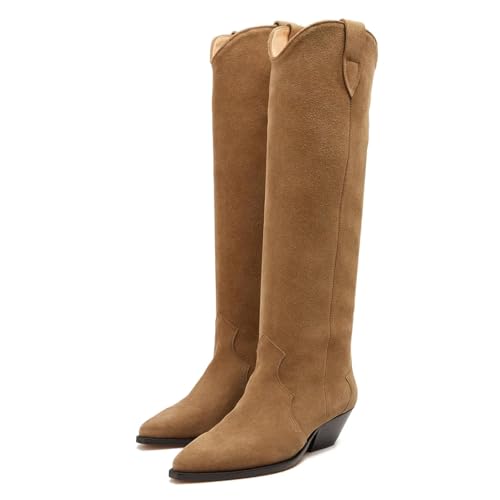 Yishaweiqi Camel Suede Knee High Boots for Women Snip Toe Chunky Heel Cowboy Cowgirl Boots Ladies Fall Wide Calf Tall Boots