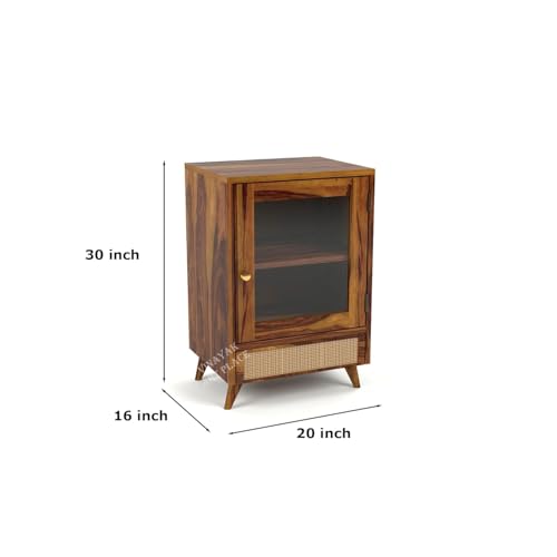 Image of Wooden Small Crockery Cabinet | Sideboard Display Cabinet with Glass Door & Drawer for Living Room | Bookshelf for Home & Office | Material: Sheesham Wood, Natural | Design: Cane
