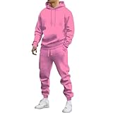 Tuta da uomo in pile con cappuccio, 2 pezzi, calda felpa con cappuccio e zip e pantaloni della tuta, completo sportivo, rosa, taglia L