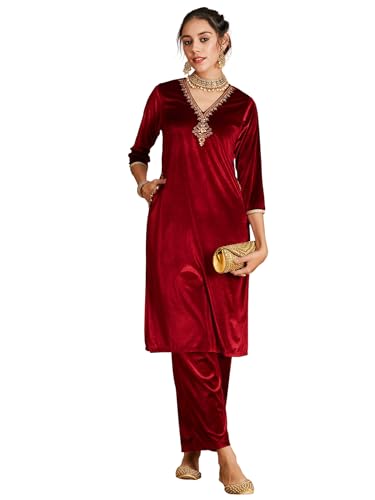 Image of Women's Velvet Floral Embroidered Straight Kurta | Round Neck Three-Quarter Sleeve Calf Length Kurti with Thread Work