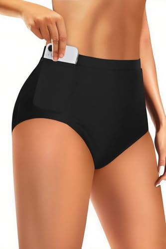 Tempt Me Women's High Waisted Bikini Bottom Full Coverage Tummy Control Swimsuit Bottom with Pockets