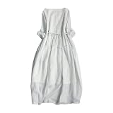 vrvtoov Cotton Linen Dress for Women Solid Baggy Pleated Casual Flowy Dresses Round Neck Summer Home