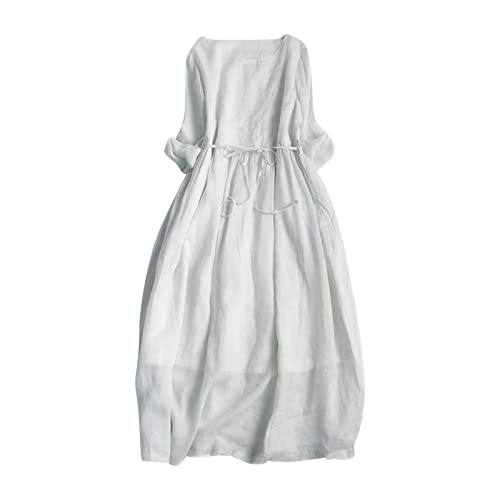 Vrvtoov Cotton Linen Dress For Women Solid Baggy Pleated Casual Flowy Dresses Round Neck Summer Homewear Daily Sundress Gray #TOP10