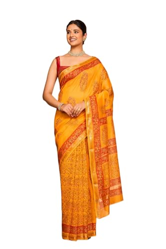 Taneira Women Yellow Rajasthan Pure Silk Cotton Printed Sanganeri Saree with Unstitched Blouse Piece (SAPP01AC