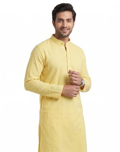Image of Men's Traditional Ethnic Kurta Long Solid Casual Light Yellow