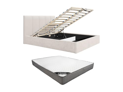Vente-unique - Cama con canapé abatible 2 plazas Kilaclo - poliéster - Beige