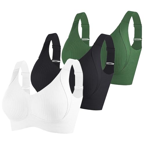 3 Pack Womens Sports Bras Ladies Non Wired Bra Push Up Bralette Wireless Bralettes Full Coverage Brassiere Adjustable Straps Underwear Soft Breathable Crop Top Comfort Everyday Lingerie Workout Bra