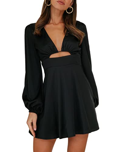 Women's Dress Satin Deep V-Neck Long Sleeve Mini Dress Silk Lantern Sleeve A-Line Front Cut Out Dresses