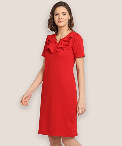 Image of OOMPH! Women's Western & Fusion wear Above Knee /Mid Thigh Length Sheath Red Dress in Lycra Blend Fabric with V Neck and Short Sleeve