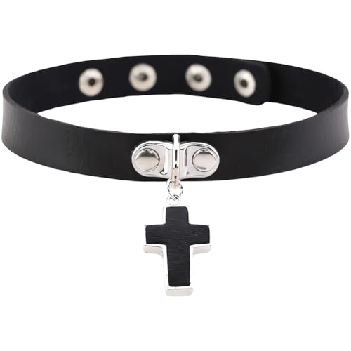 CALFOVERA - CALFOVERA Collier Ras du Cou en Cuir PU Noir pour Femme Pendentif Croix Réglable Style Punk Gothique Cercle Court avec Rivet pour Bijoux Fantaisie Fête de Noël Cadeau de Cosplay