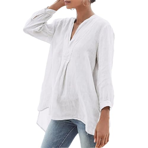 Women Solid Color Beach Shirts Spring Summer Casual Long Sleeve Blouses V Neck Tunic Tops
