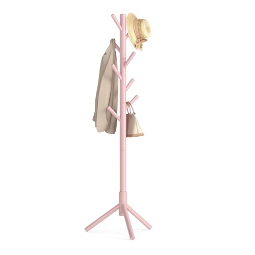 VASAGLE Perchero, Madera Maciza, en Forma de Árbol, 8 Ganchos para Chaquetas, Sombreros, para Pasillo, Ganchos y Barra de Soporte de Madera de Caucho, Rosa Pastel RCR004R01