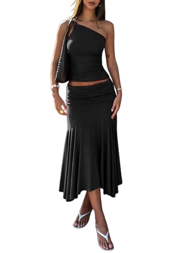 Womens 2 Piece Skirt Sets Sexy Party Going Out Outfits Tropical Vacation Matching Two Piece Set Dressy Summer Clothes Black XS