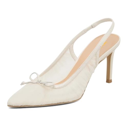 XYD Women Bow Pointed Toe Slingback Pumps Elegant Gauze Mesh High Heels Evening Party Shoes