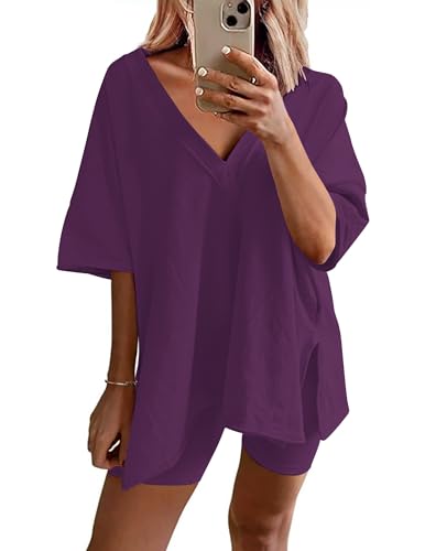 Image of Ekouaer Womens Pajamas 2 Piece Lounge Sets Oversized V Neck T-Shirts Tops Biker Shorts Set Workout Reversible Tracksuit S-XXL