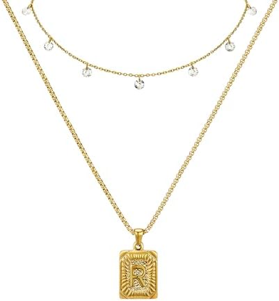 Layered Necklace for Women 18K Gold Plated Stainless Steel Rhinestone Choker Square Letter Pendant Necklace Initial Necklaces Trendy Simple Jewelry for Daily Wear Gifts