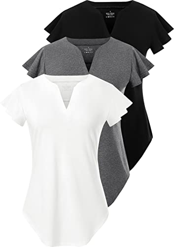 Star Vibe 3 Pack Women's V-Neck T-Shirts Short Sleeve Summer Tops Casual Ruffle Sleeve Tee Shirt Slim Fit Blouses