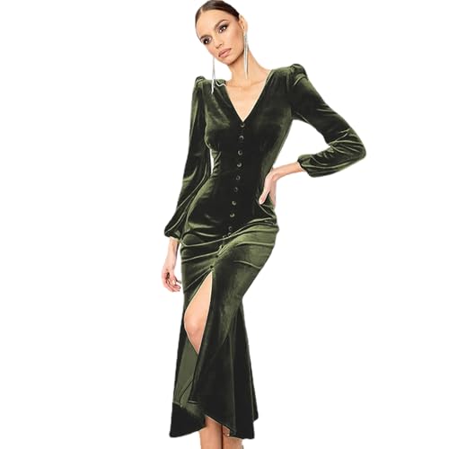 yk8fass Vestido con abertura en V ii-4772, Verde militar, XXL