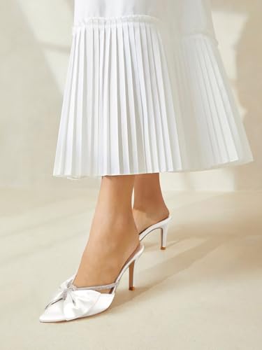 Coutgo Womens Bow Heels Mules Pointed Closed Toe Sandals Rhinestone Satin Backless Wedding Shoes3