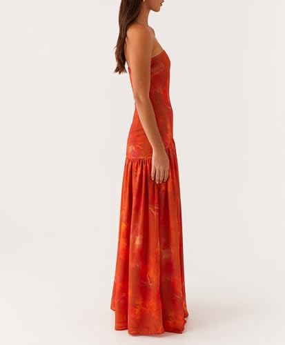 Image of Women Floral Strapless Maxi Dress Y2K Bodycon Tube Long Dresses Sexy Party Formal Cocktail Beach Slit Dress