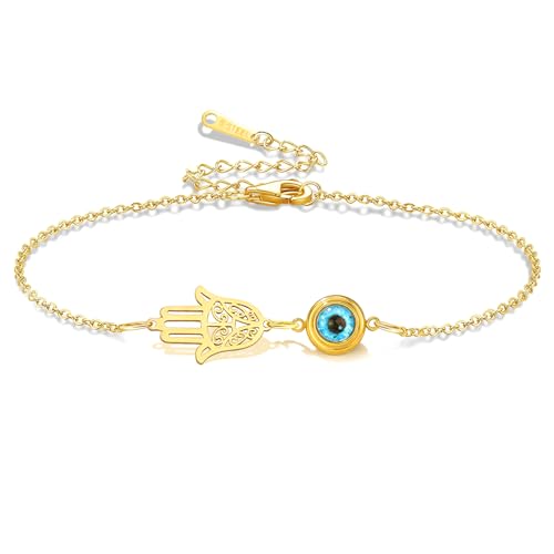 Image of VASSAGO Evil Eye Bracelet for Women Blue Evil Eye Charm Adjustable Link Bracelets Stainless Steel Dainty Turkish Lucky Protection Bracelets Jewelry Gift for Men Her (Gold Evil Eye Hamsa)