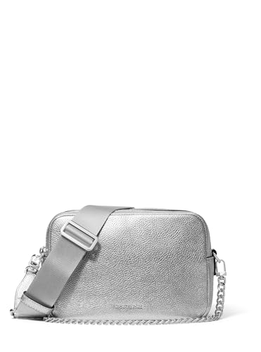 Michael Kors Womens Bryant Medium Double Zip Chain Camera Crossbody Bag, Silver-tone Hardware/Metallic Pebble Embossed Leather/Silver, One Size