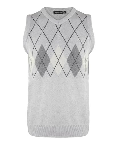 Image of New Men Classic V-Neck Knitted Sleeveless Vest Jumper Top Sweater with Ribbed Edge Argyle Knit S-3XL[Silver,