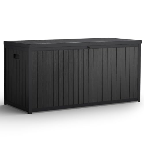 Image of The Fellie Lockable Gadern Storage Box, Outdoor Storage Box Waterproof, Plastic Garden Sotrage Box for Garden Tools, Cushions Toys, 125x56x61.5 cm, (430L-Black)