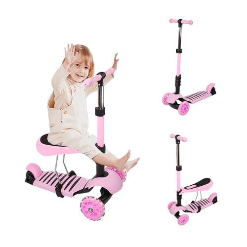 Homewell 2 en 1 patinete triciclo con asiento para 3-8 años, scooter, patinete para niños con 3 ruedas luminosas, patineta infantil plegable con altura ajustable, carga máx. 50 kg (rosa)
