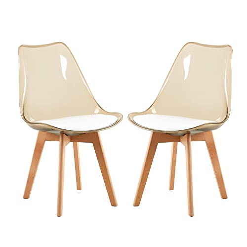 EGGREE Juego de 2 Sillas de Comedor Escandinavas SGS Testadas, 2 Sillas Transparentes Marrones con Patas de Haya Maciza y Cojines de Cuero PU Blanco para Dormitorio, Cocina, Salón
