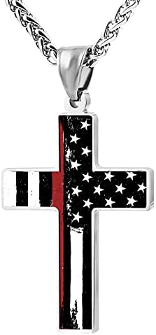 MAKEZTSD American Flag Patriotic Cross Necklace Stainless Steel Religious Pendant Cross Necklace Fashion Jewelry for Men, 24in Chain
