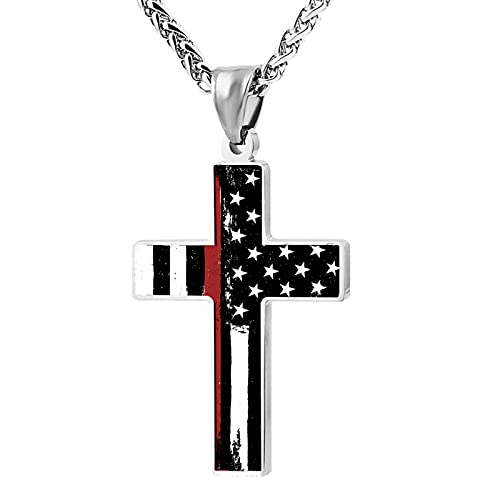 Makeztsd American Flag Patriotic Cross Necklace Stainless Steel Religious Pendant Cross Necklace Fashion Jewelry For Men, 24In Chain #TOP3