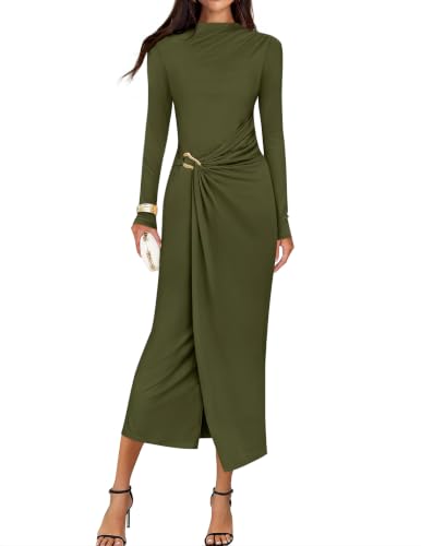 ZESICA Womens Fall Long Sleeve Wedding Guest Midi Dresses Army Green S