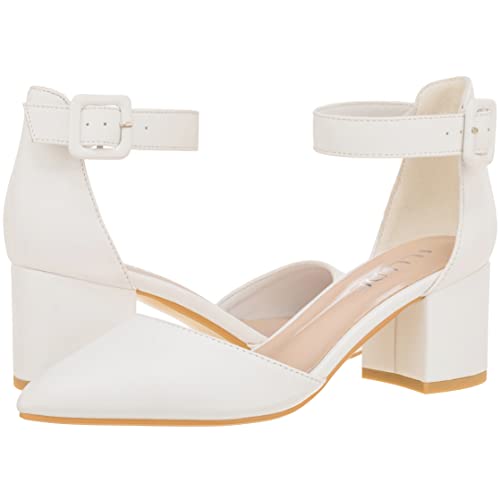 Illude Women’s Heels Pointy Closed Toe Pump Ankle Strap Chunky Low Block Heels (8, White Pu) #TOP3