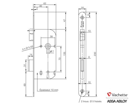 Vachette Serrure à Encastrer à clé, Axe à 40 mm, Coffre 135 mm - P15 - Réversible sans démontage, Têtière bouts ronds - Porte intérieure de communication, chambre, bureau - Blanc, Gâche et Clé inclus – vue 5
