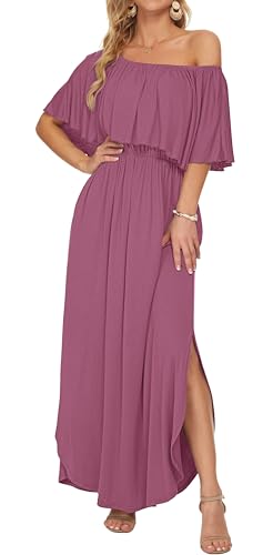 Image of AUSELILY Womens Off Shoulder Ruffle Split Summer Maxi Dresses with Pockets | Off-shoulder Ruffle dress with empire waist & side split for summer beach and casual parties