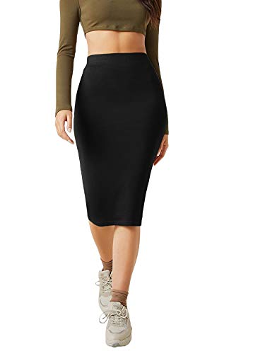 Floerns Women's Basic Solid Stretch High Waist Bodycon Midi Pencil Skirt Black L