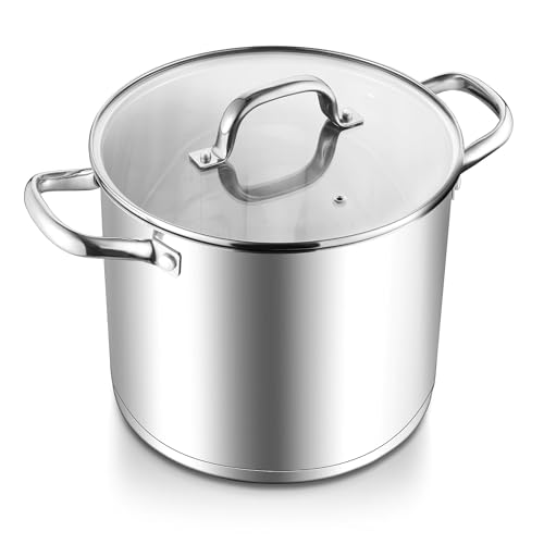E-far Olla de acero inoxidable de 10 cuartos de galón, olla de cocina grande con tapa de vidrio para sopa, conservas, guiso a fuego lento, utensilios de cocina resistentes con base triple para estufas