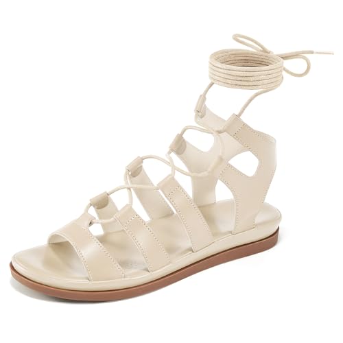 Image of HARENCE Summer Flat Sandals for Women: Comfortable Strappy Cross Lace Up Gladiator Flats Shoes Dressy Casual Non Slip Walking Sandal