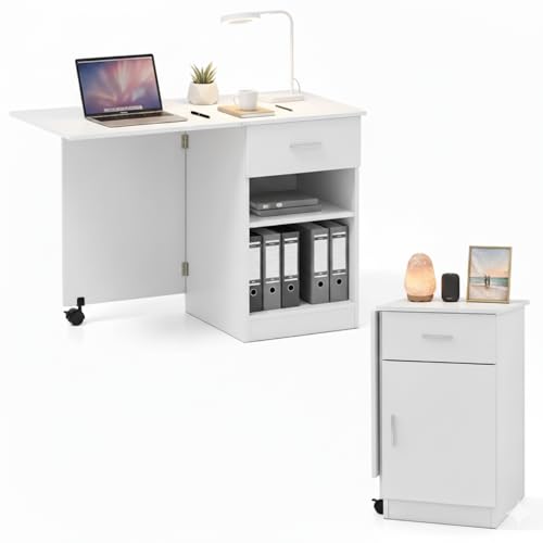 Image of TEKAVO Clipper Foldable Table I Computer Table for Home Pc I Office Table for Home Office I Storage and Folding Office Desk, Space Saving I Drawer & Door I White Wood (104 Cm x 50 Cm x 75 Cm) - DIY