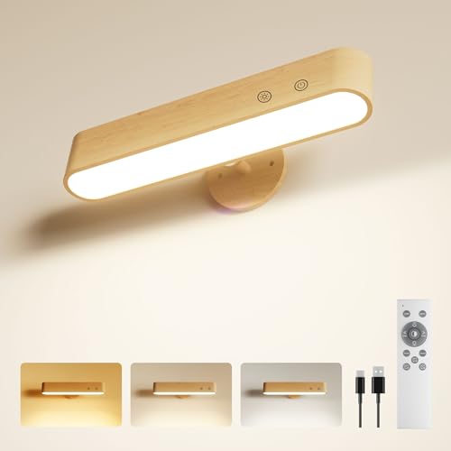 Image of PopoIron 7500 mAh Rechargeable Wood Wall Sconce for Bedroom, LED Wall Light with Remote Control and Touch, 360 Magnetic Rotation, 3 Colours, Dimmable Wooden LED Wall Lamp with 15 RGB Colors,1 Pack