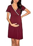 Tomwell Stillnachthemd Damen Geburt Nachthemd Kurz Stillfunktion Kurzarmkleid Nachtkleid Stillen Nachtwäsche Kurz Umstandspyjama für Schwangere und Stillzeit B Weinrot M